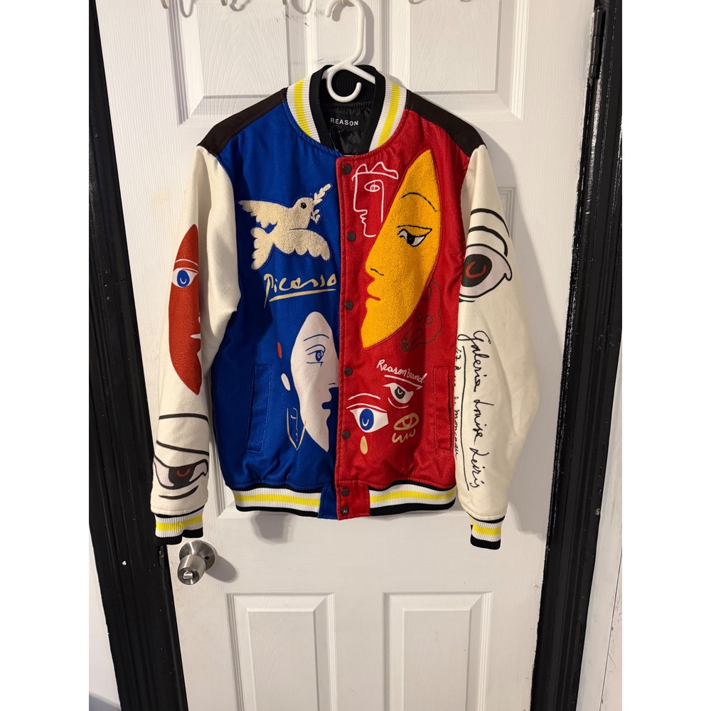 Reason Brand Picasso Varsity Jacket Mens Medium Colorblock Embroidered Art Coat